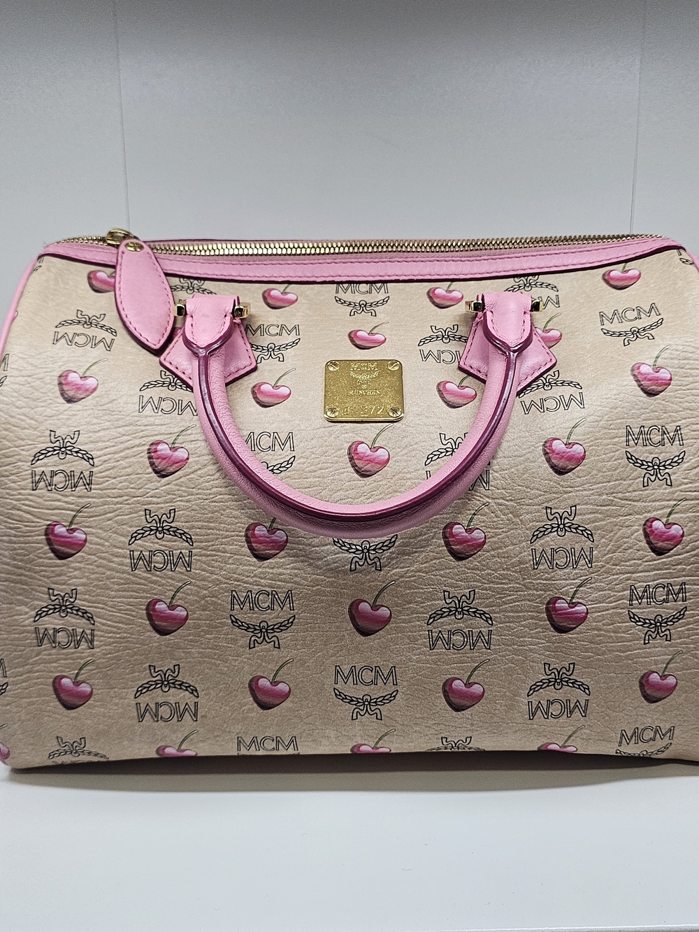 MCM Pink Trim Visetos Heart Satchel